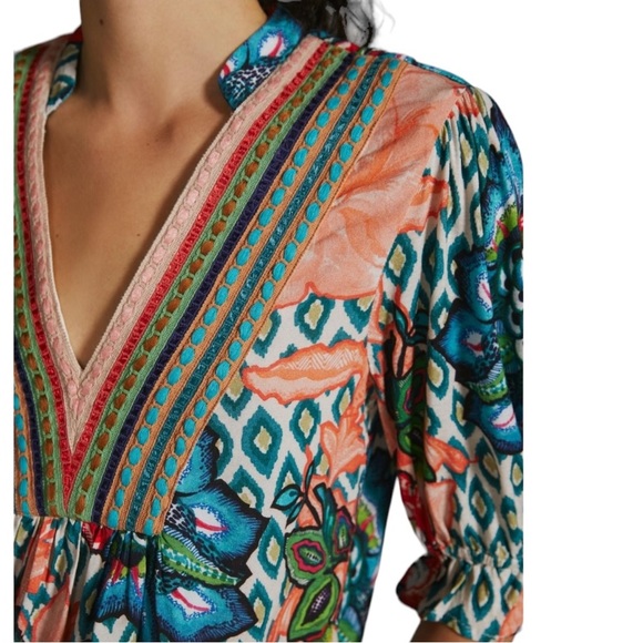 Anthropologie Bl^nk Stephanie Embroidered V-Neck Floral Ikat Top - XXS - Picture 4 of 16